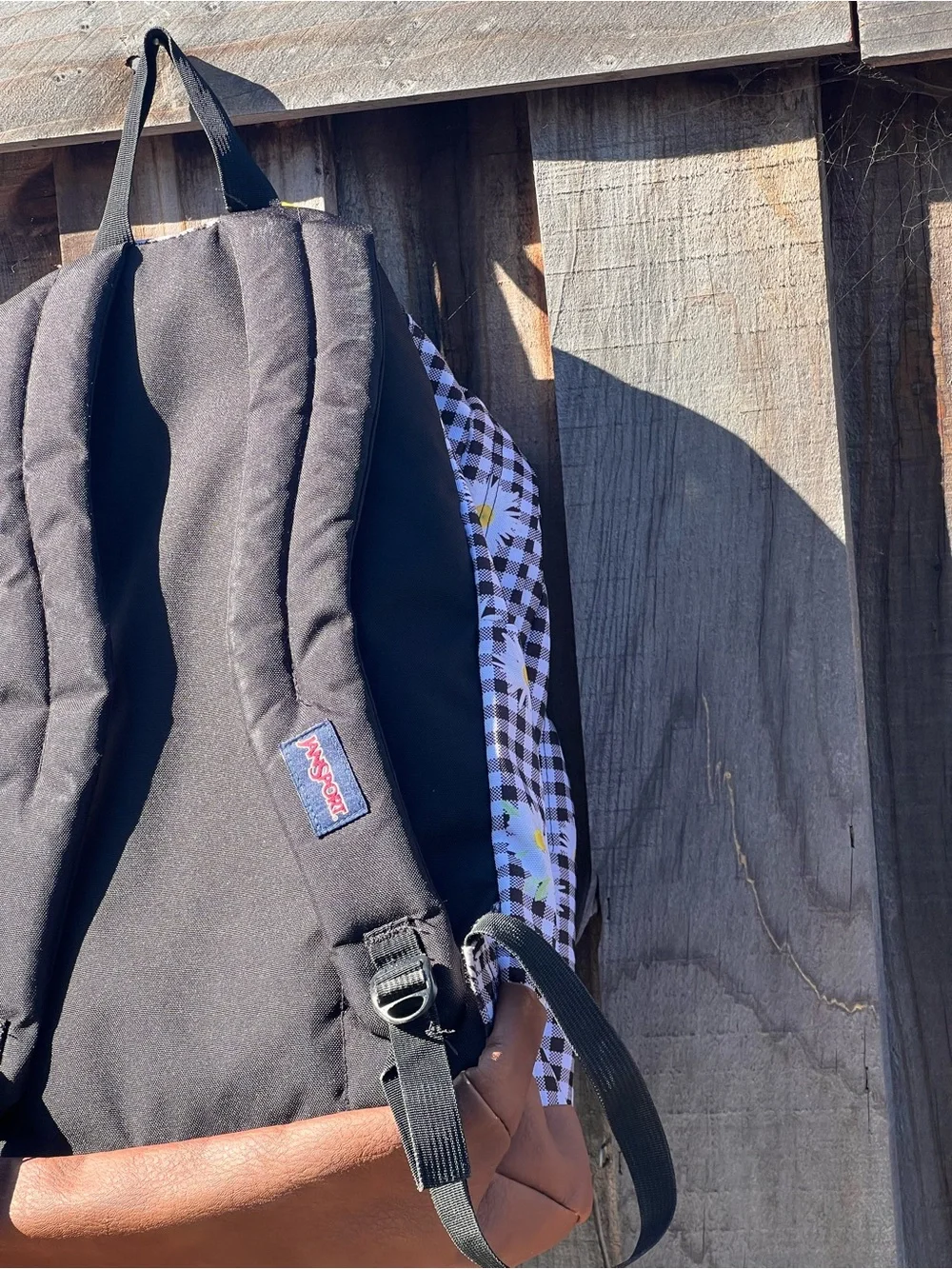 Jansport Brown Gingham Daisy Kids Backpack with Tan Faux-Leather Base